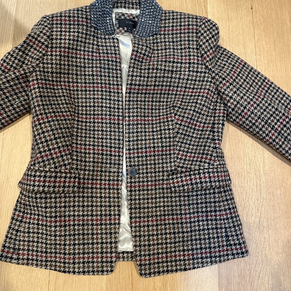 J. Crew Schoolboy Tweed Houndstooth Plaid Jeweled Rhinestone Blazer  Size 12